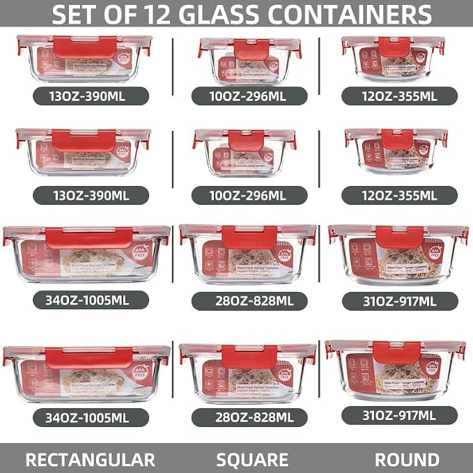 12 Pack Glass Storage Containers Transparent, Stackable Design Meal Prep Containers for Food Storage, Home, Kitchen & Pantry Organization, Microwave/Freezer/Dishwasher Safe - Image 2
