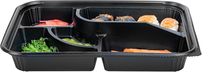Restaurantware-Bento Tek 26.2 Ounce Meal Prep Containers, 50 Disposable To Go Food Boxes - Lids Sold Separately, 5 Compartments, Black Plastic Bento Lunch Boxes, Microwavable, Freezable - Image 6