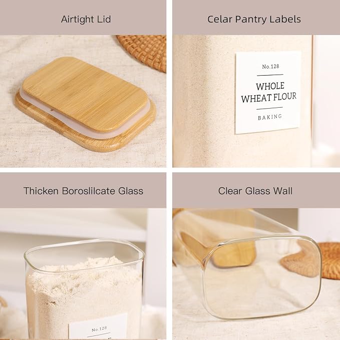 3 Pack Square Glass Pantry Storage Containers with 132 Kitchen Food Pantry Labels - 51 floz Clear Glass Pantry Jars with Airtight Wood Bamboo Lids - Glass Canisters for Candy, Cereal, Coffee, Spice - Image 4