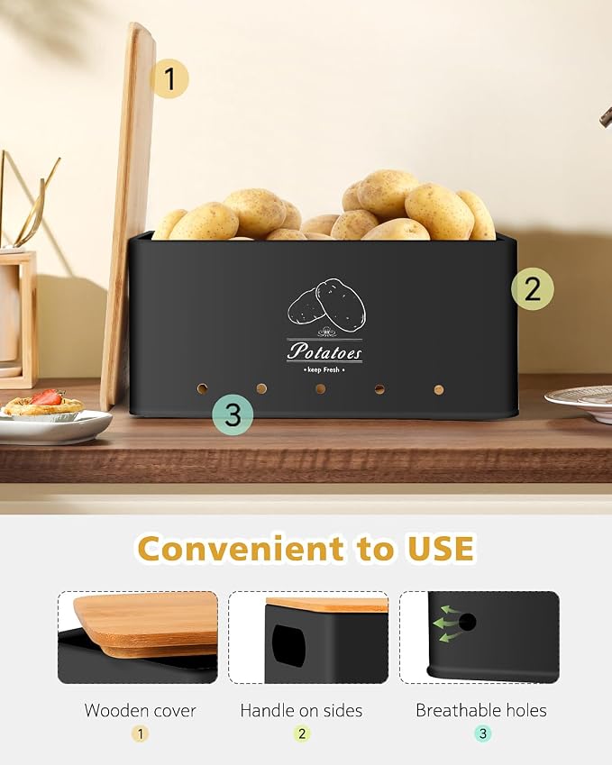 Kitchen Vegetable Storage Set of 3, Sturdy and Durable Storage Basket for Potato, Onion, Garlic, Fruit,Aerating Holes and Wooden Lid (black) - Image 3