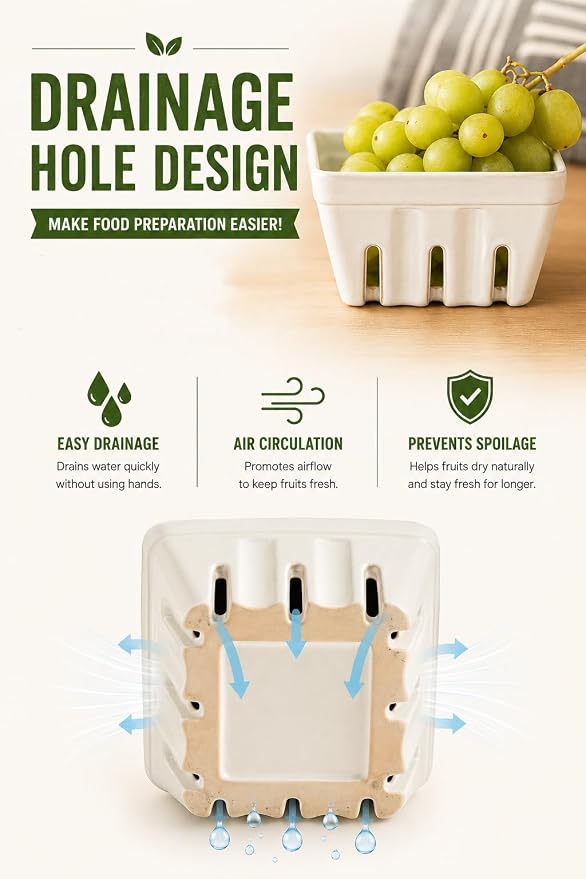 Gomakren Fruit Basket for Kitchen, Berry Washing Bowl, Ceramic Berry Basket Set of 2, Fruit Bowl with Holes, 5.7 Inch Square Berry Containers Colander - Farmhouse Kitchen Decor, White - Image 3