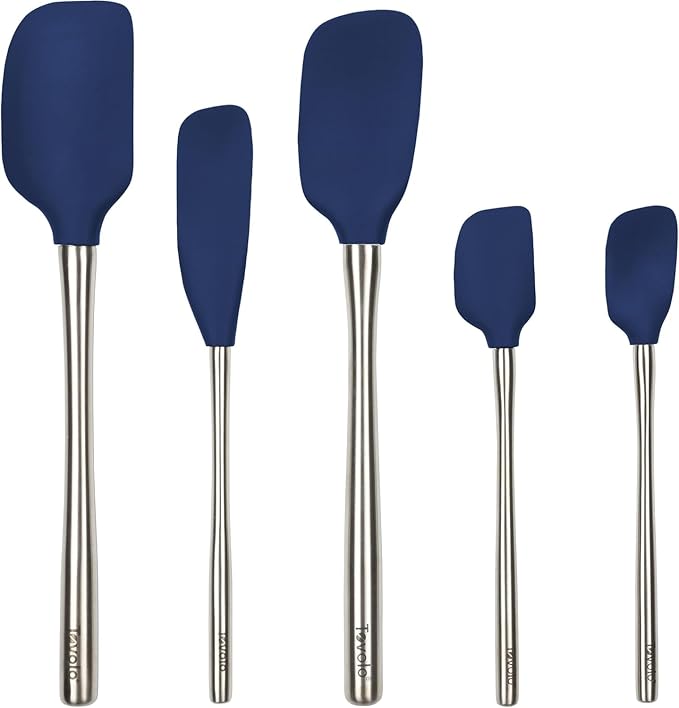 Tovolo Stainless Steel Handled Silicone Spatula Set of 5 Deep Indigo, Dishwasher Safe Kitchen Spatula Set for Cooking Baking, Non Toxic BPA Free Silicone Spatula set with Metal Steel Handle by Tovolo