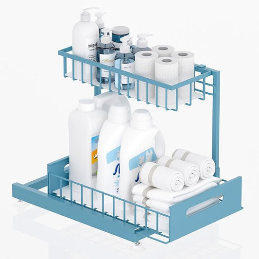 L-Shaped Under Sink Organizer, 2-Tier Pull-out Cabinet Rack 1-Pack | Teal Height-Adjustable Steel Rack, Sliding Grid Drawers with PP Liners, Holds 100 Lbs, Suction Base, Ideal Kitchen Storage by Saydear