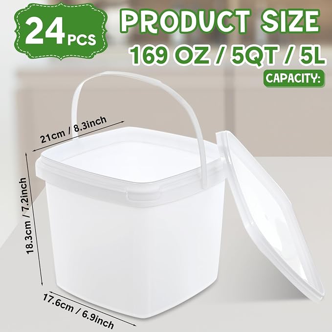 24 Pack5 Qt/169 Oz/5 L Thicken Plastic Buckets with Lids & Handles, Ice Cream Container, Food Grade, Freezer Safe, Sealable Square Reusable Storage Bucket, All Purpose Pails for Soup Fruit Deli - Image 2
