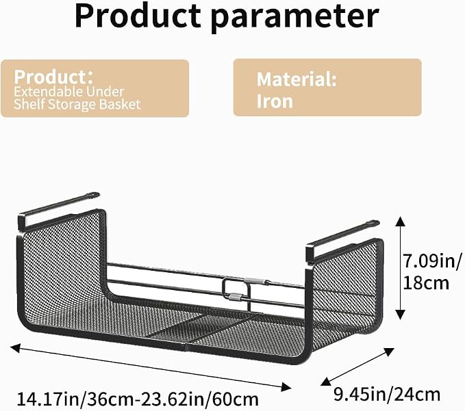 Expandable Under Shelf Basket Organizer, Under Shelf Storage, Hanging Baskets Under Cabinet for Pantry Kitchen Cupboard Desk Counter Bookshelf Space Saver Heavy Duty Slide-in (Black, 1 Pack) - Image 7