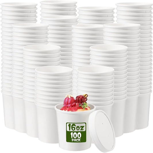 Fulmoon 100 Pack Paper Soup Containers with Lids Disposable Paper Food Containers with Vented Lid Kraft Ice Cream Cake Dessert Cups Soup Bowl for Party Hot Food Fruit Microwave(16 oz,White) by Fulmoon