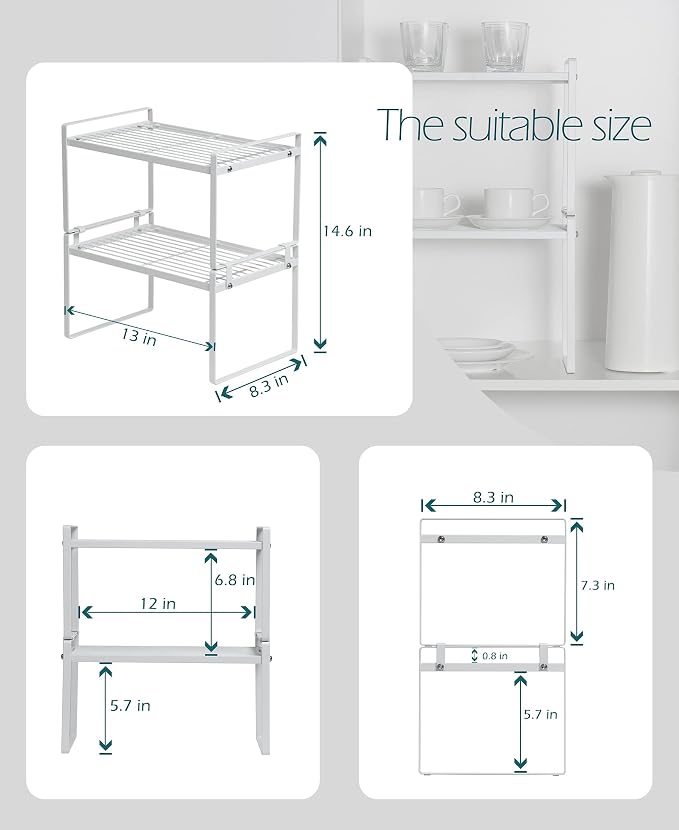 Shantton Cabinet Shelf Organizer, Pantry Shelf Rack, White 13x8.3x7.3 | 2-Pack Stackable Metal Riser Holds 40LBS with Non-Slip Feet for Kitchen Pantry Bathroom Countertop Freezer Cupboard - Image 3