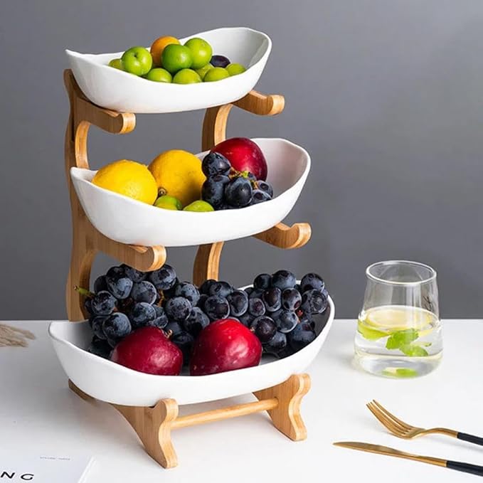YYW 3 Tier Ceramic Fruit Basket with Bamboo Wood Stand for Kitchen Counter | Large Capacity Porcelain Fruit Bowl for Storing Fruits, Vegetables, Bread, and Snacks. Durable and Stylish Kitchen Storage - Image 5