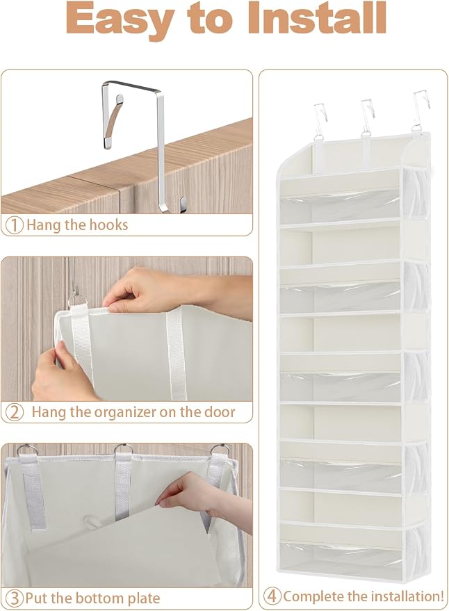 TAHAVICE 2 Pack Over the Door Storage Organizer with 5 Large Pockets | 44 lbs Weight Capacity & 10 Mesh Pockets Door Hanging Organizers and Storage for Bedroom,Bathroom,Nursery,Babyroom(Beige) - Image 7