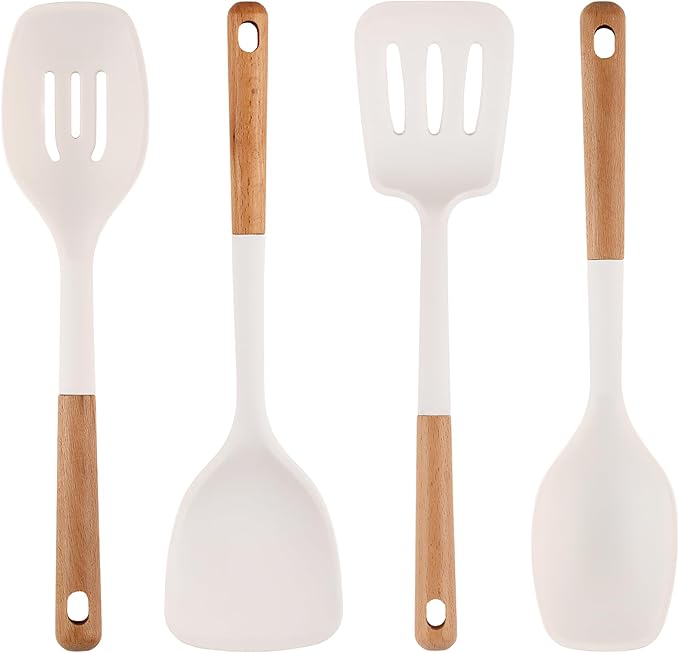 Silicone Kitchen Utensils Set of 4, Large Non-Stick Cooking Utensil Set w Wooden Handle Food Grade Heat Resistance Turner Spoon Silicone Cooking Kitchen Gadgets BPA Free for Nonstick Cookware by IOCBYHZ