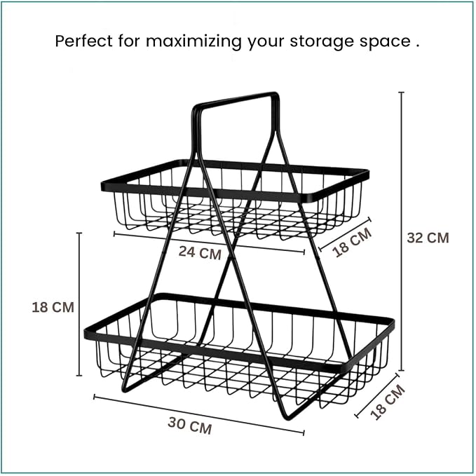 Go Hooked Counter-top 2 Tier Fruit Basket ideal for Dining Table, Centre Table | Metal Fruit Bowl or Bread Basket Vegetables Storage Organizer Holder (Black) - Image 3