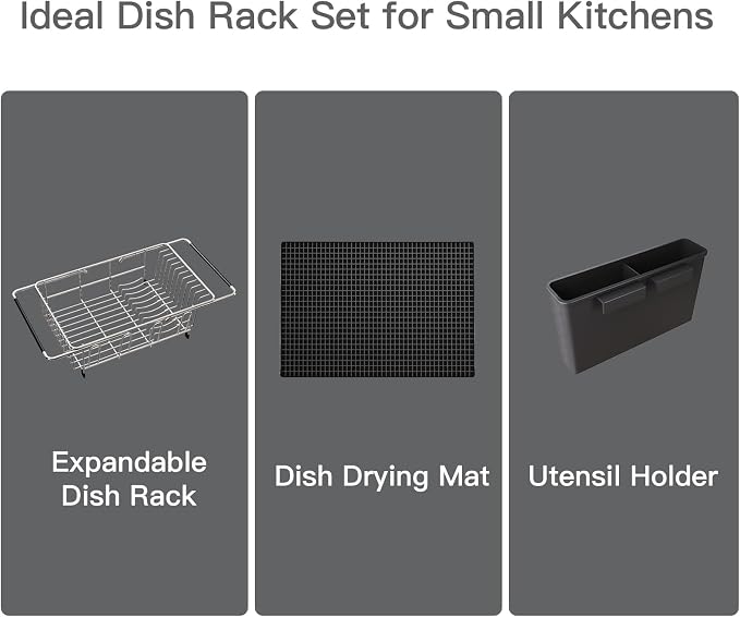 Dish Drying Rack Over The Sink with Utensil Holder, Mat | Expandable Stainless Steel Dish Drainer for Small Kitchen, Apartment, RV, Counter Space Saving, Perfect Fit, Rustproof - Image 9