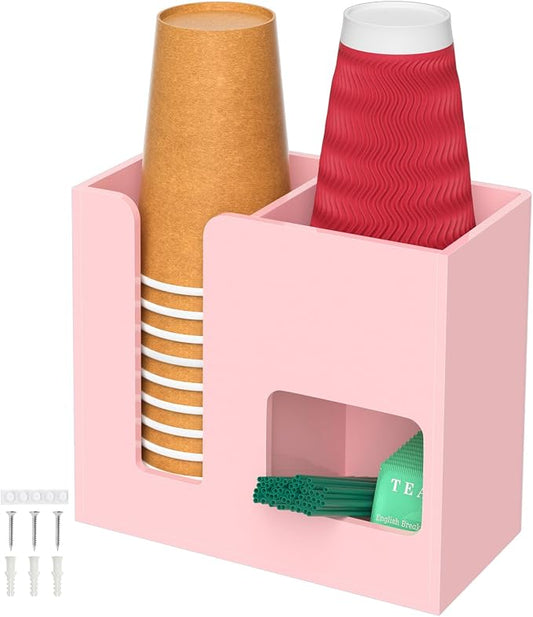 2-Tier Coffee Station Organizer for Countertop, 3 Compartments Pink Acrylic Cup and Lid Holder Tea Condiment Storage Upright Coffee Bar Organizer Pod Dispenser for Office Breakroom Home Kitchen by ENJOYYOURLIFE