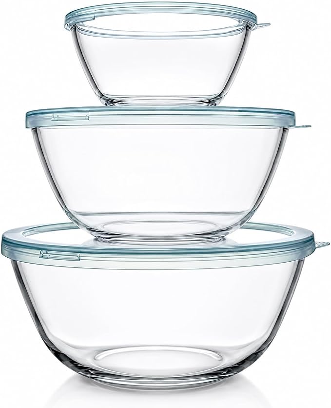 Luvan Glass Mixing Bowls with Lids Set(4.5QT, 2.7QT, 1.1QT)-Large Glass Mixing Bowls, Clear Salad Bowl for Baking, Cooking, Serving, Food Prep, 3PC Nesting Bowls for Kitchen Storage & Dishwasher Safe by Luvan