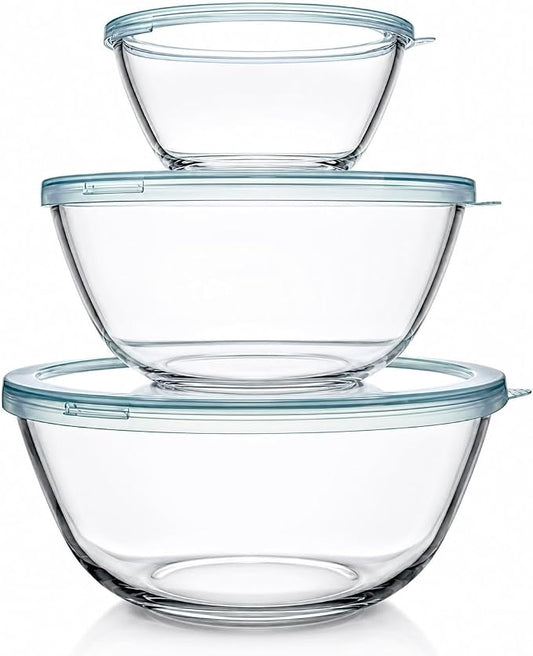 Luvan Glass Mixing Bowls with Lids Set(4.5QT, 2.7QT, 1.1QT)-Large Glass Mixing Bowls, Clear Salad Bowl for Baking, Cooking, Serving, Food Prep, 3PC Nesting Bowls for Kitchen Storage & Dishwasher Safe by Luvan