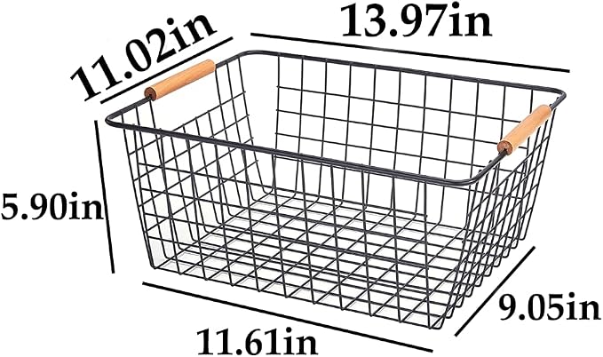 LeleCAT Large black wire baskets with Wooden Handles for storage pantry, Storage Organizer Baskets, Household Refrigerator for Cabinets, Closets, Bedrooms, kitchen - Set of 3 Black - Image 2