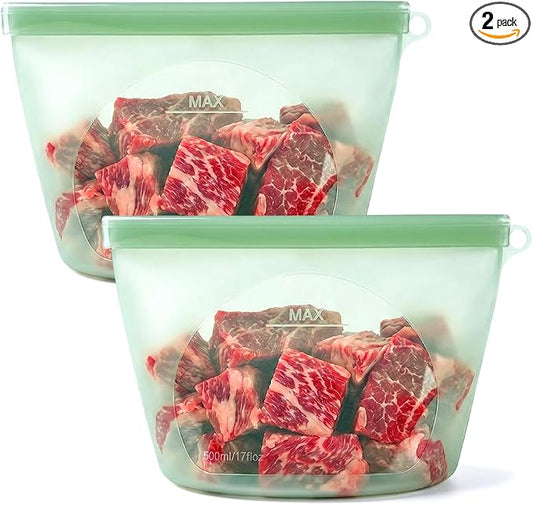 Reusable Silicone Food Storage Bags, Leakproof Freezer Bags for Food, Reusable Zip Bags for Meal Prep, Snacks, Fruit, Meat, Dishwasher Safe 2 Pack (Green, 2000M) by GotoPolishWiz
