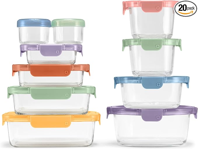 Ello Color Lock Glass Meal Prep Sets Leak-Proof Glass Food Storage Containers with Airtight BPA-Free Plastic Lids, Dishwasher, Microwave, and Freezer Safe by Ello