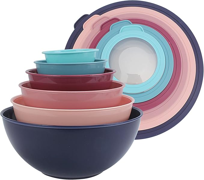 COOK WITH COLOR Mixing Bowls with TPR Lids - 12 Piece Plastic Nesting Bowls Set includes 6 Prep Bowls and 6 Lids, Microwave Safe Mixing Bowl Set (Multicolored Set with Large Blue Bowl) by CookwithColor