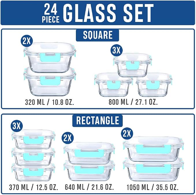 Glass Food Containers Storage Organizers for Kitchen Pantry | BPA Free | Leak Proof | Odor Proof | Stain Resistant | 12 Sets | Freezer and Oven Safe (Blue) - Image 2