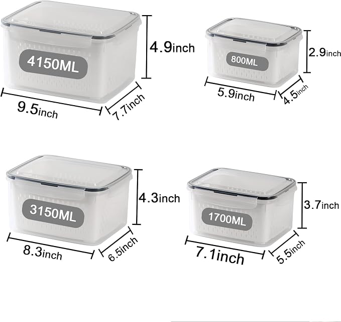 4 Pack Large Fridge Food Storage Container Set with Lids with Strainer, Fruit Vegetable Storage Containers Keep Fruits, Vegetables, Berry, Meat Fresh longer , BPA-Free Plastic Produce Keepers - Image 2