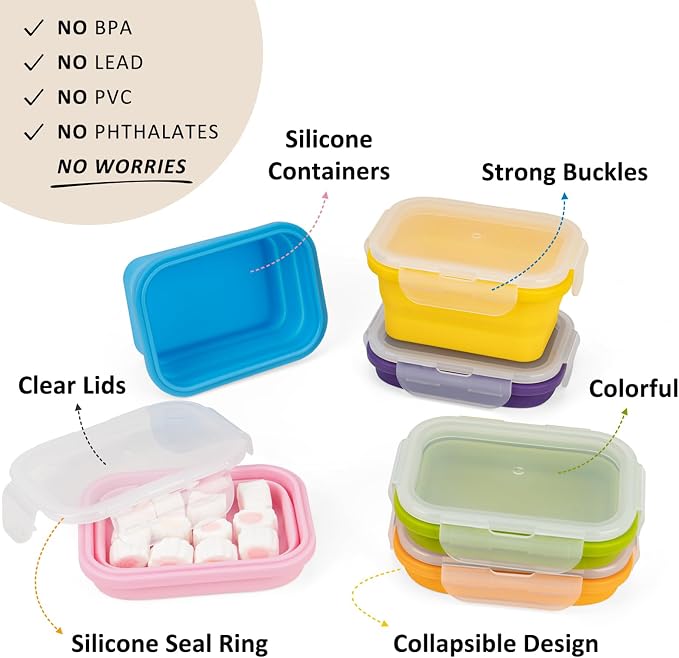Reusable Silicone Snack Sontainers with Lids, 14oz, Small Collapsible Food Storage Containers for Meal Lunch Small Portion, Stackable, Space Saver for RV, Travel, Microwave Dishwasher Safe, 6 Pack - Image 7
