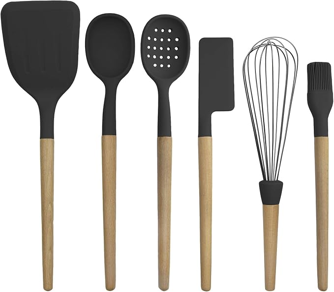 Country Kitchen Non Stick Silicone Utensil Set with Rounded Wood Handles for Cooking and Baking, 6 Piece Set, Black | Rounded Wood Handles, For Cooking and Baking by CountryKitchen