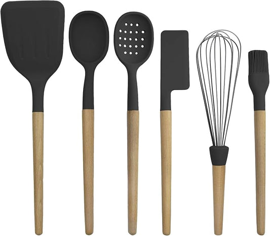 Country Kitchen Non Stick Silicone Utensil Set with Rounded Wood Handles for Cooking and Baking, 6 Piece Set, Black | Rounded Wood Handles, For Cooking and Baking by CountryKitchen