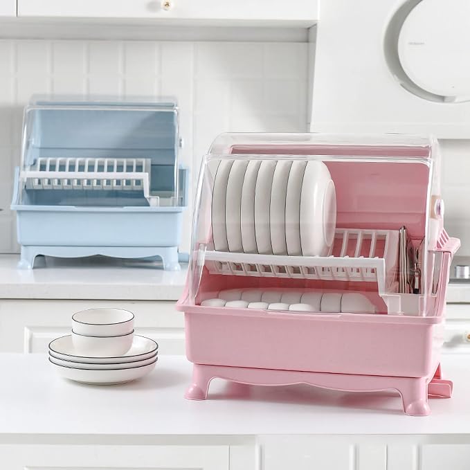 Dish Drying Rack, Bottle Dryer Holder with Cover Lid and Removable Drainboard, Utensil and Cup Holder for Kitchen Counter, Dish Dryer Shelf, Medium Size, 16 x 13 x 18.3 Inch (Pink) - Image 2