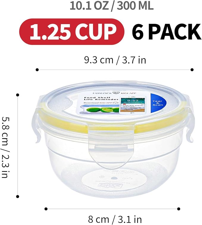 KIGI Small Round Food Storage Containers, 1.26 cup /10 oz, 6 Pack | Plastic Bowls with 4-Sided Locking Lids for Snacks, Meal Prep and Lunch,Leak-Proof & Airtight, BPA-Free, Freezer Safe - Image 2