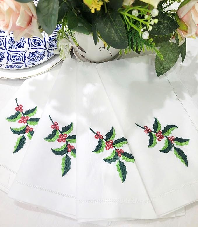 Embroidered Cloth Napkin Holly Leaf Christmas Cotton Napkins Set of 6, 20x20 Hemstitch Table Napkins Machine Washable, Daily & Christmas, Great Present Ideas - Image 5