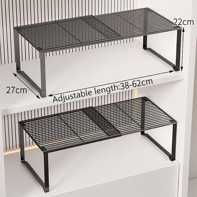 Extendable Metal Wire Shelf Organizer - Adjustable 15-24.4in Length, Stackable Storage Rack for Kitchen/Pantry/Bathroom/Shoe Cabinet/Tool Closet (4,Black) - Image 2