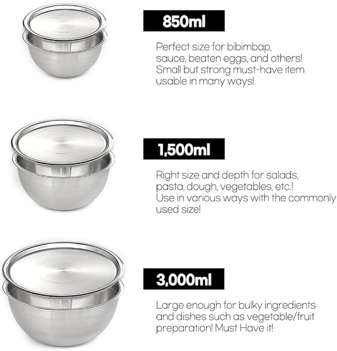 Mixing Bowl + Colander Stainless Steel Food Storage Containers with Lids Set 3 Bowls 3 Lids 3 Colanders Kitchen Appliances Dishwasher Safe Premium South Korea - Image 7