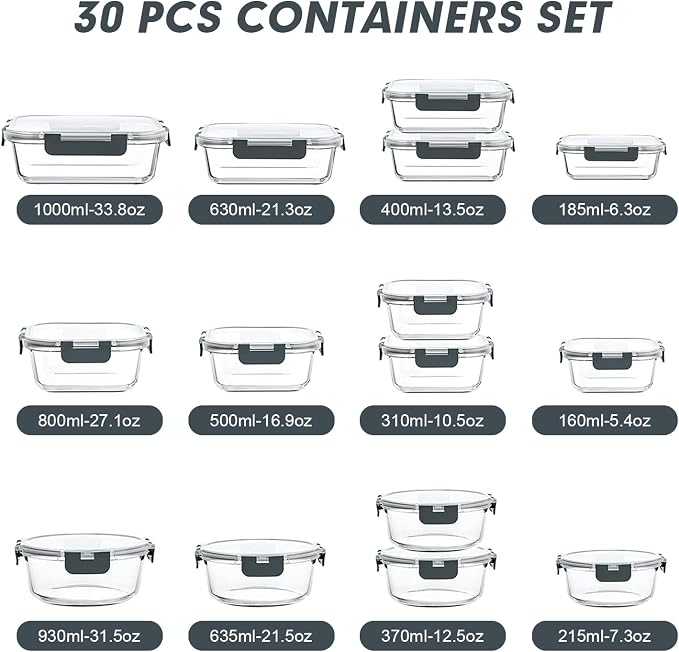 VERONES 30 Pieces Glass Food Storage Containers Set with Lids, Grey | Stackable Glass Meal Prep Containers Set with Lids, Airtight Lunch Containers, for Microwave, Oven, Freezer & Dishwasher - Image 2