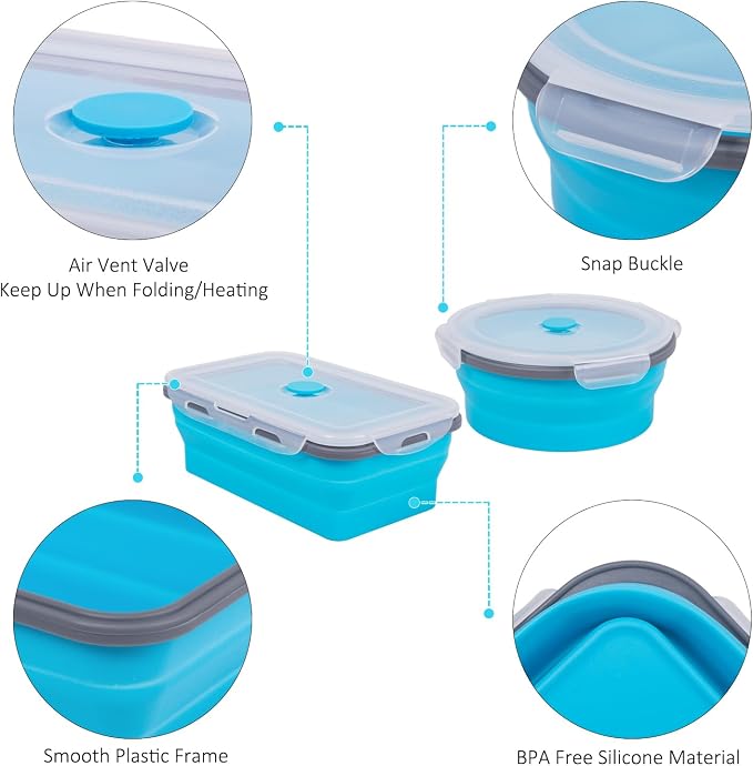 Collapsible Food Storage Containers with Lids 20 Pack(81oz/58oz Extra Large Included), 12 Rectangular+8 Round, Annaklin Silicone Collapsible Food Containers Sets Microwave Freezer Dishwasher Safe Blue - Image 7