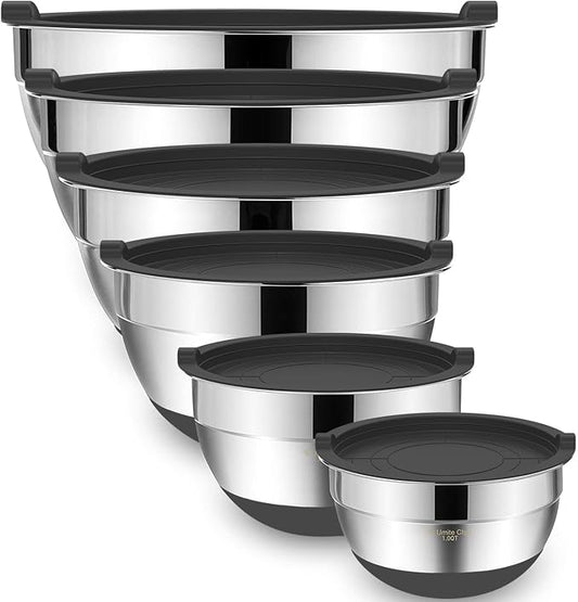 Umite Chef Mixing Bowls with Airtight Lids，6 piece Stainless Steel Metal Nesting Storage Bowls, Non-Slip Bottoms Size 7, 3.5, 2.5, 2.0,1.5, 1QT, Great for Mixing & Serving(Grey) by UmiteChef