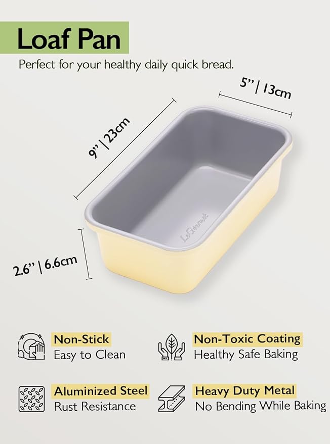 LeGourmet Nonstick Bread Loaf Pan 9 X 5 Inch, Ceramic Coating, Non-Toxic, Rust Resistant Aluminized Steel, Perfect 1 lb Baking Dish for Meatloaf, Pound Cake & Brownie (Butter 2pcs) - Image 2
