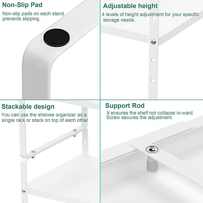 Expandable Cabinet Storage Shelf Organizer Rack, Heavy Duty Cupboard Stand Spice Rack Adjustable Height Garage Pantry Shelf Space Riser for Counter Kitchen Organization, White, 3 Pack - Image 7