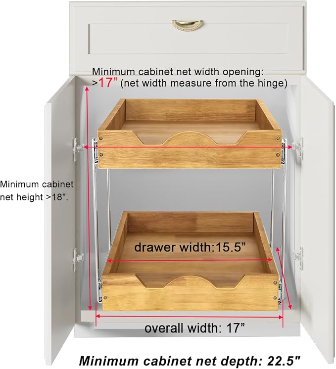 DINDON 2 Tier Pull Out Cabinet Organizer (17" W x 21" D) Wood And Metal Double Tier Slide Out Wood Drawer Under Cabinet Storage And Organization - Image 3