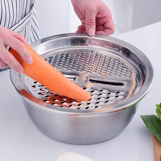 Stainless Steel Kitchen Basin Drain Basket Colander Set 3 in 1 Multifunctional Fruit Vegetable Julienne Grater Strainer Fine Mesh Basket Vegetable Rice Washing Bowl Set - Image 5