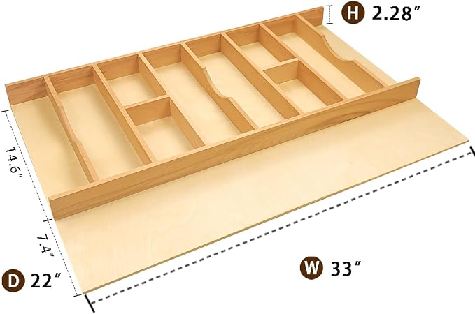 Silverware Drawer Organizer - Trim-to-Fit with Adjustable Dividers for Kitchen Utensil Storage, Beech Wood Frame with 11 Sizes (33" W x 22" D) - Image 4