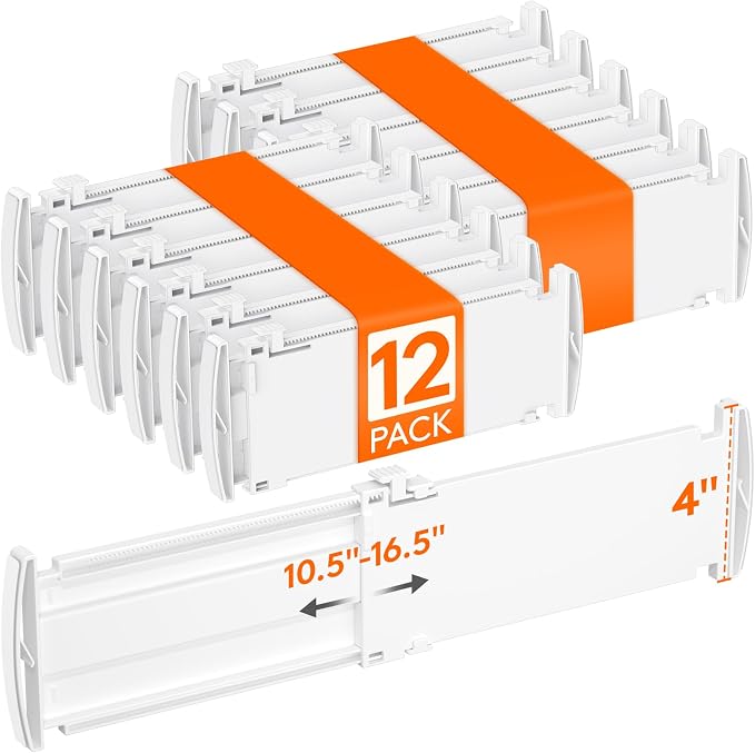 Lifewit 12 Pack 4" High Drawer Dividers, Adjustable Drawer Organizer Clothes | 10.5"-16.5" Expandable White Plastic Separators for Dresser, Kitchen, Cabinet, Nursery, Office, Socks & Underwear Storage by Lifewit