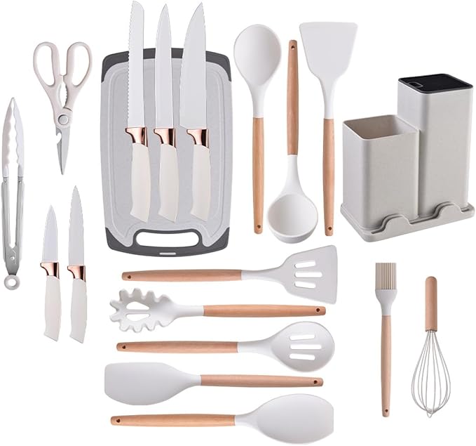 19 Pieces Kitchen Utensils and Knife Set with Block, Inldued 9 Pieces Silicone Cooking Utensils Set 5 Pieces Sharp Stainless Steel Chef Knives Scissors Whisk Tongs and Cutting Board (BEIGE) - Image 4