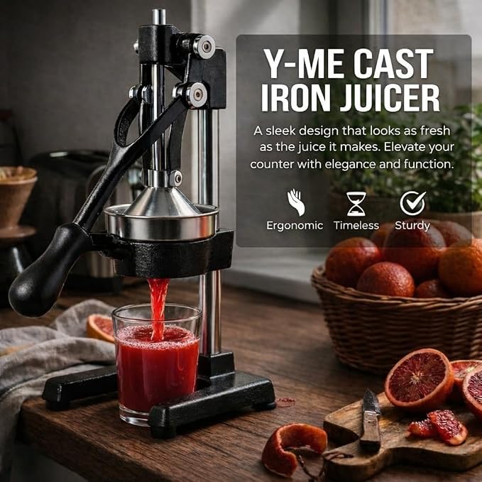 Y-ME Cast Iron Juicer, Heavy Duty Manual Citrus Press & Lemon Squeezer, Hand Juicer with Stainless Steel Strainer, for Orange, Lemon, Lime & Grapefruit, Black - Image 7