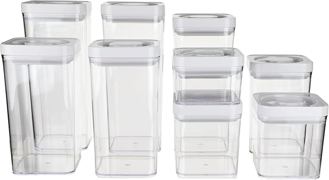 Amazon Basics Airtight Food Storage Containers, BPA Free, Dishwasher Safe, with Twist/Turn Lids, for Kitchen Pantry Organization, 10-Piece Square Set, Clear Plastic by AmazonBasics
