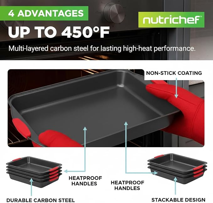 NutriChef 10-Piece Nonstick Kitchen Oven Baking Pans - Premium & Stylish Non-Stick Carbon Steel - Commercial Grade Restaurant Quality Metal Bakeware with Silicone Handles - Easy to Clean, NCSBS10S - Image 4