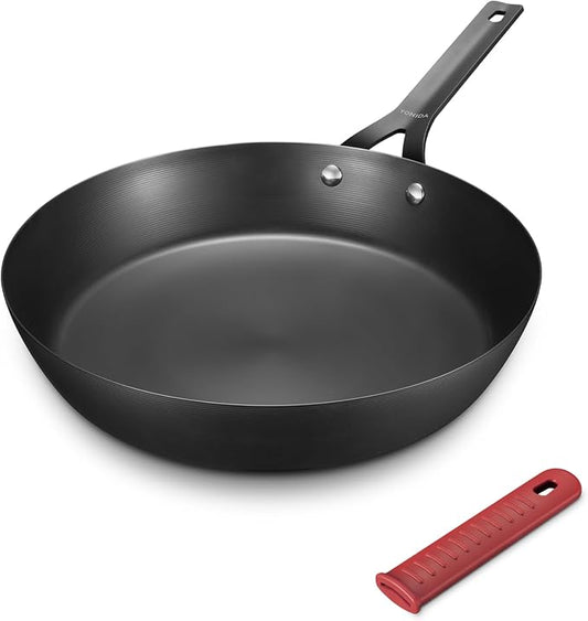 Carbon Steel Pan, 12 Inch Nonstick Frying Pan Skillet | Pre-Seasoned Carbon Steel Cookware with Removable Silicone Handle Holder, Indoor/Outdoor, Induction & Oven Safe by Yonida