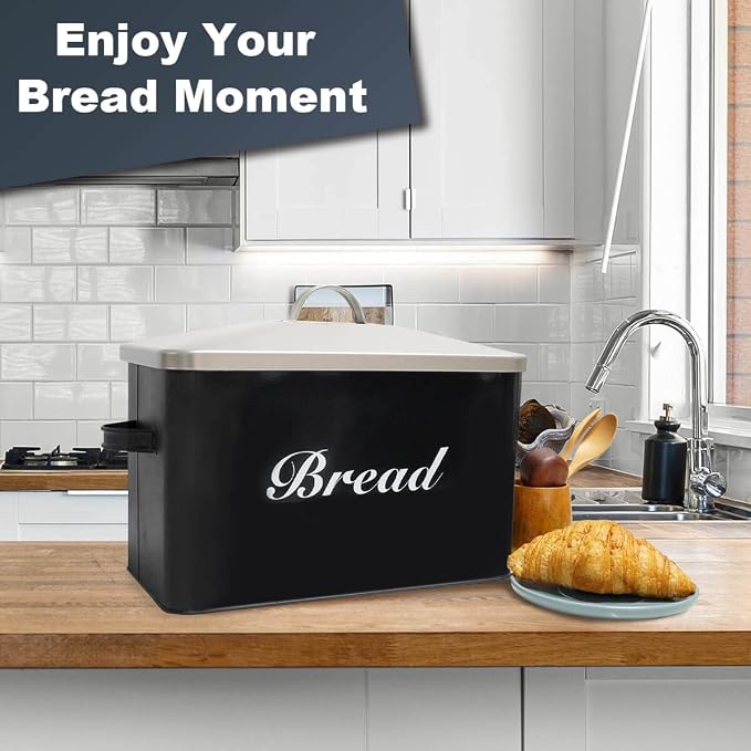 SOTECH Vintage Metal Bread Box Farmhouse Decor Style Pantry Organization and Storage Container,Space Saving Black with Silver Breadbox-Rustic Kitchen Decor - Image 4