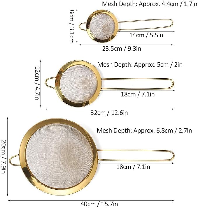 Fine Mesh Strainer Set, Gold Strainer for Juicing Stainless Steel Fine Mesh Strainer Set Of 3 with Handle for Kitchen Food Flour Baking - Image 8