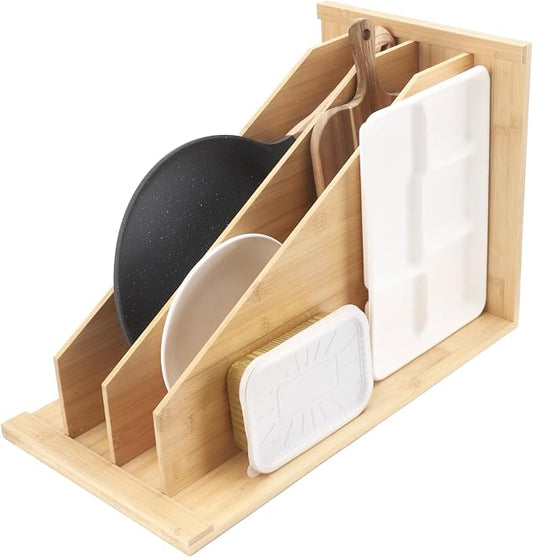 Upgraded Tray Dividers for Cabinets with 3 Slots, Wooden Pan Organizer Rack for Cabinet, Bakeware Organizer for Cutting Boards Lids Cookie Sheets, Pot Pan Storage Rack for Countertop or Cupboard by Unknown